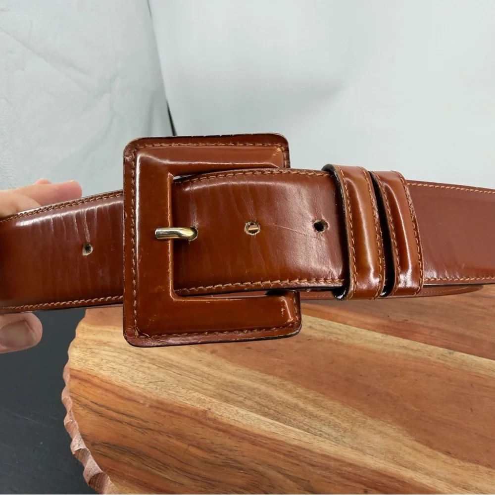 Vintage Ann Taylor Belt Italian Leather Brown, Size Small S square buckle - Picture 7 of 9